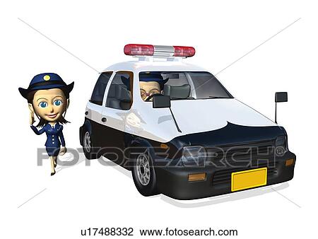 Drawing - Image of a Little Police Car, Side View, Illustration. Fotosearch