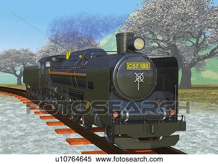 Stock Illustration - Image of a Locomotive Near Several Cherry Trees, Side View, Illustration. Fotosearch