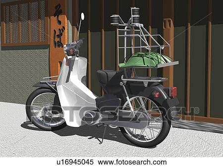 Stock Illustration - Image of a Moped In Front of a Japanese Restaurant, Side View, Illustration. Fotosearch