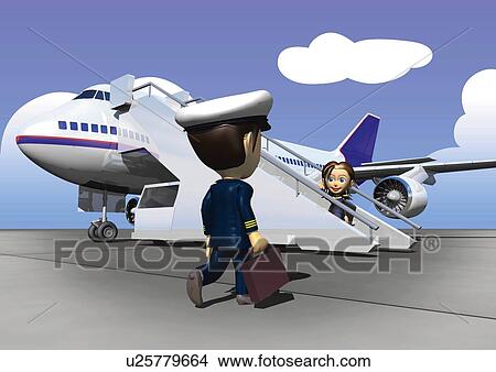 Stock Illustration - Image of a Pilot About to Get Onto a Plain, Rear View, Side View, Illustration. Fotosearch