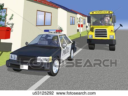 Image of a Police Car and a Schoolbus in the background, Side View, Front View, Illustration View Large Illustration Drawing - Image of a Police Car and a Schoolbus in the background, Side View, Front View, Illustration. Fotosearch