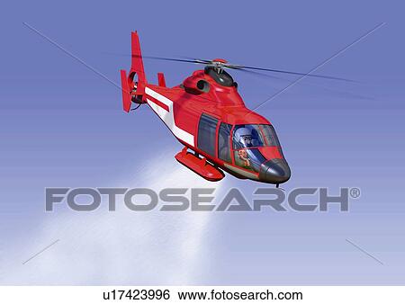 Stock Illustration - Image of a Red Helicopter in the Air, Low Angle View, Illustration. Fotosearch