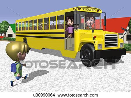 Stock Illustration - Image of a Schoolbus, Picking Up a Student, Side View, Rear View, Illustration. Fotosearch