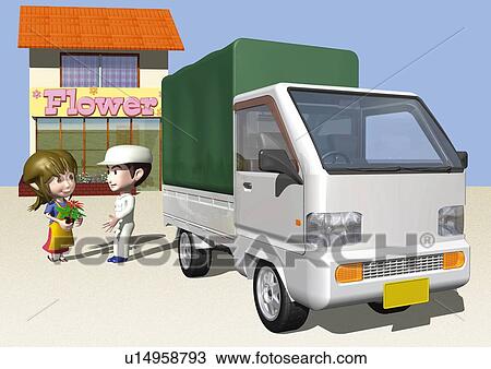 Drawing - Image of a Truck For Transportation, Side View, Illustration. Fotosearch