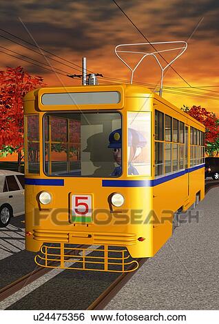 Image of a Yellow-colored Cable Car By Sunset, Front View, Illustration View Large Illustration Stock Illustration - Image of a Yellow-colored Cable Car By Sunset, Front View, Illustration. Fotosearch