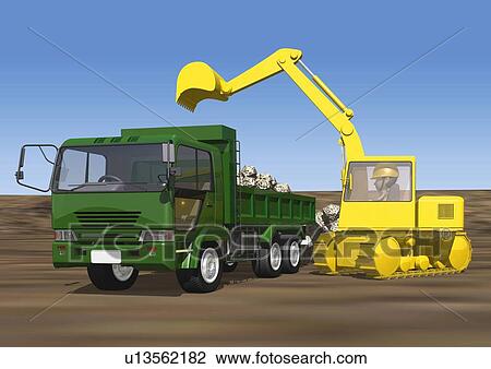 Image of a yellow Crane and a Green Truck Outdoors, Side View, Illustration View Large Illustration Drawing - Image of a yellow Crane and a Green Truck Outdoors, Side View, Illustration. Fotosearch