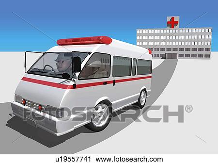 Clip Art - Image of an Ambulance and a Hospital in the Background, Side View, Illustration. Fotosearch
