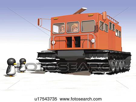 Stock Illustration - Image of an Orange-colored Snow Vehicle and Two Penguins on the Side, Low Angle View, Side View, Illustration. Fotosearch