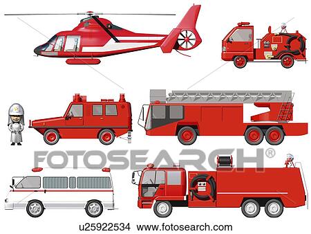 Stock Illustration - Image of Several Vehicles, Belonging to the Fire Department, Side View, Illustration. Fotosearch