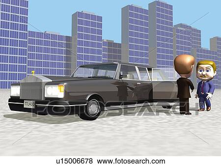 Stock Illustration - Image of Two Men Standing In Front of a Limousine, Side View, Illustration. Fotosearch