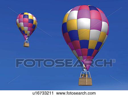 Clip Art - Image of Two Multicolored Balloons Flying in the Air, Low Angle View, Illustration. Fotosearch