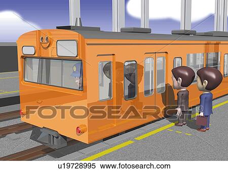 Stock Illustration - Image of Two Passengers Waiting for a Train to Open Its Doors, Side View, Rear View, Illustration. Fotosearch