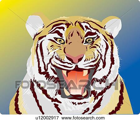 Bengal tiger face with open mouth, portrait, close up View Large Illustration Stock Illustration - Bengal tiger face with open mouth, portrait, close up. Fotosearch