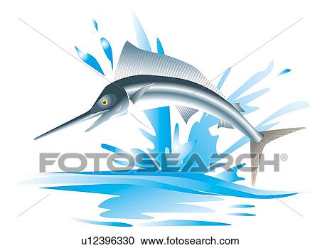 Clipart - Black marlin jumping out of water, side view. Fotosearch