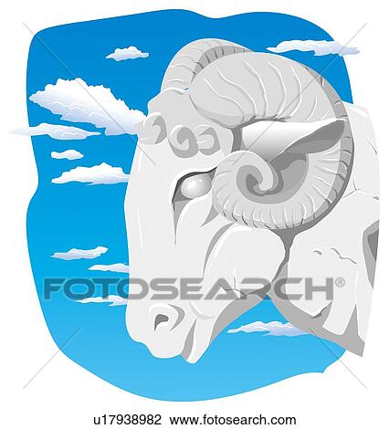Head of sheep against blue sky, close up View Large Illustration Drawing - Head of sheep against blue sky, close up. Fotosearch