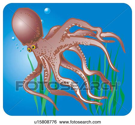 Stock Illustration - Octopus in water, side view. Fotosearch
