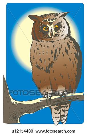 Owl perching on tree limb at night View Large Illustration Stock Illustration - Owl perching on tree limb at night. Fotosearch
