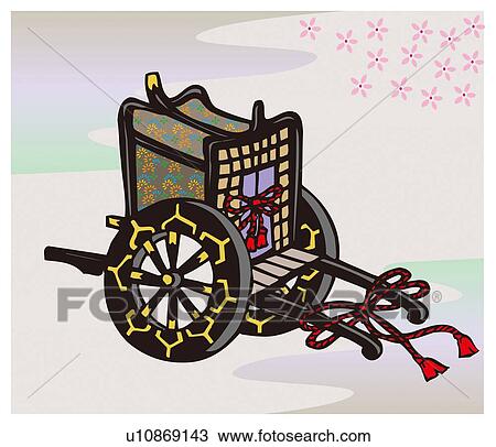 Painting of A Decorated Japanese Oxcart, Woodcut View Large Illustration Drawing - Painting of A Decorated Japanese Oxcart, Woodcut. Fotosearch