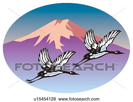 Stock Illustration - Painting of Couple of Cranes Flying, Woodcut. Fotosearch