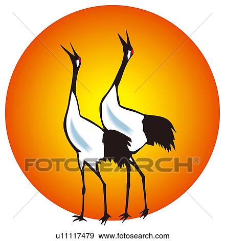 Stock Illustration - Painting of Couple of Cranes, Woodcut. Fotosearch