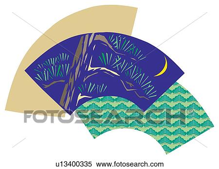Stock Illustration - Painting of Japanese Fans with Pine Tree Patterns on Them, Woodcut. Fotosearch