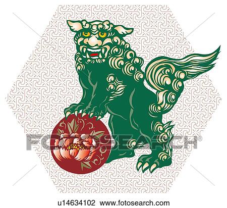 Drawing - Painting of Karajishi Lion, Woodcut. Fotosearch