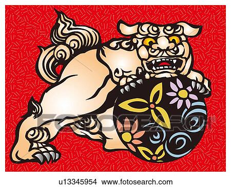 Stock Illustration - Painting of Karajishi Lion, Woodcut. Fotosearch
