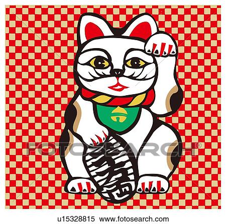 Stock Illustration - Painting of Manekineko, Woodcut. Fotosearch