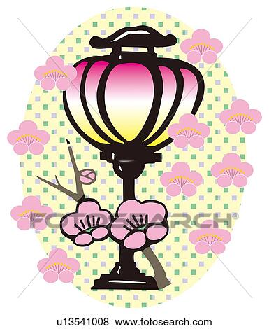 Stock Illustration - Painting of Plum Blossoms and a Japanese Lantern, Woodcut. Fotosearch