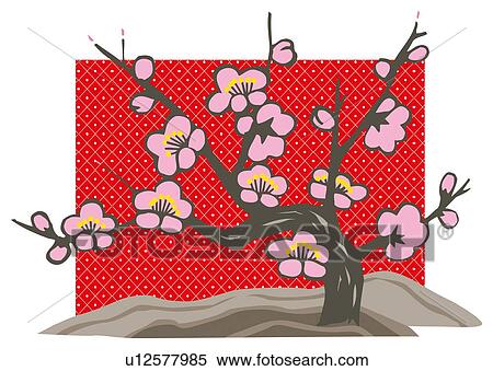 Stock Illustration - Painting of Plum Blossoms Image, Woodcut. Fotosearch
