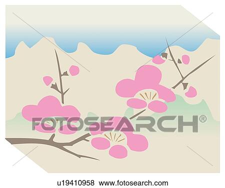 Stock Illustration - Painting of Plum Blossoms Image, Woodcut. Fotosearch