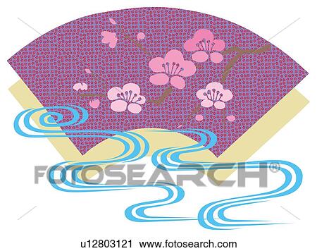 Clip Art - Painting of Plum Blossoms on Japanese Fans, Woodcut. Fotosearch