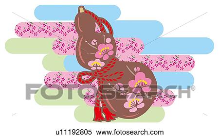 Stock Illustration - Painting of Plum Blossoms on Japanese Gourd, Woodcut. Fotosearch