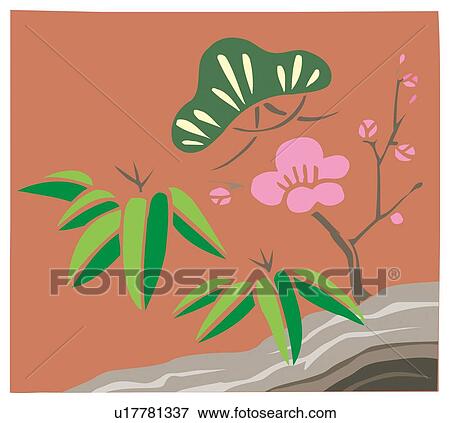 Stock Illustration - Painting of Shochikubai Image, Woodcut. Fotosearch