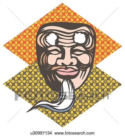 Stock Illustration - Painting of The Mask of An Old Man, Woodcut . Fotosearch