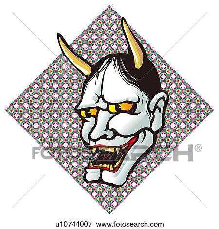 Stock Illustration - Painting of The Mask of Hannya, Woodcut . Fotosearch