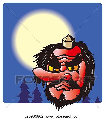 Painting of The Mask of Tengu With The Night Sky, Woodcut View Large Illustration Drawing - Painting of The Mask of Tengu With The Night Sky, Woodcut . Fotosearch