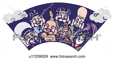Stock Illustration - Painting of The Seven Gods of Japan, Woodcut. Fotosearch