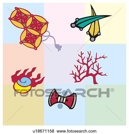 Stock Illustration - Painting of The Traditional Japanese Treasures, Woodcut. Fotosearch