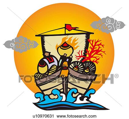 Clip Art - Painting of The Treasure Ship, Woodcut. Fotosearch