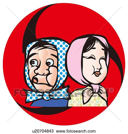 Painting of Traditional Japanese Masks, Woodcut View Large Illustration Drawing - Painting of Traditional Japanese Masks, Woodcut . Fotosearch