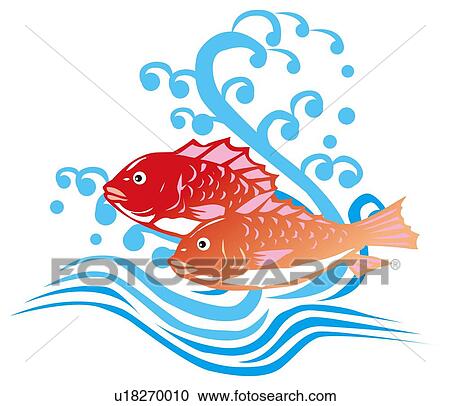Clipart - Painting of Two Sea Breams, Woodcut. Fotosearch