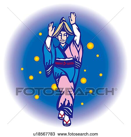 Drawing - Awa Folk Dance, Woodcut, Tokushima Prefecture, Japan. Fotosearch