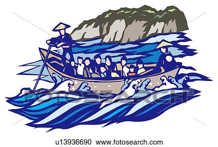 Clipart - Boat Tours, Woodcut, Nagano Prefecture, Japan. Fotosearch