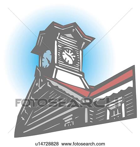 Clock Tower, Woodcut, Hokkaido, Japan, Low Angle View View Large Illustration Stock Illustration - Clock Tower, Woodcut, Hokkaido, Japan, Low Angle View. Fotosearch