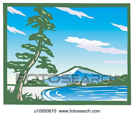 Distant View of Mountain Fuji, Woodcut, Shizuoka Prefecture, Japan View Large Illustration Clipart - Distant View of Mountain Fuji, Woodcut, Shizuoka Prefecture, Japan. Fotosearch