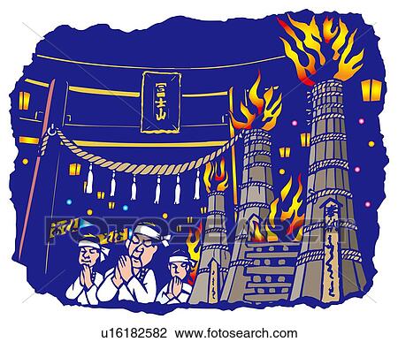 Fire Festival of Yoshida, Woodcut, Yamanashi Prefecture, Japan View Large Illustration Drawing - Fire Festival of Yoshida, Woodcut, Yamanashi Prefecture, Japan. Fotosearch