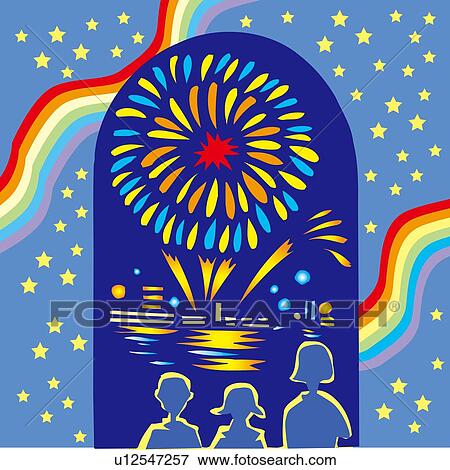 Stock Illustration - Fireworks Display, Woodcut. Fotosearch