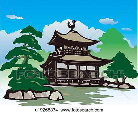 Stock Illustration - Ginkaku Temple, Woodcut, Low Angle View, Kyoto, Japan. Fotosearch