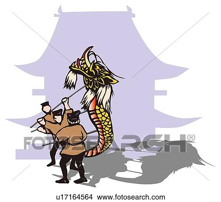 Gold Dragon Dance, Woodcut, Tokyo, Japan View Large Illustration Stock Illustration - Gold Dragon Dance, Woodcut, Tokyo, Japan. Fotosearch